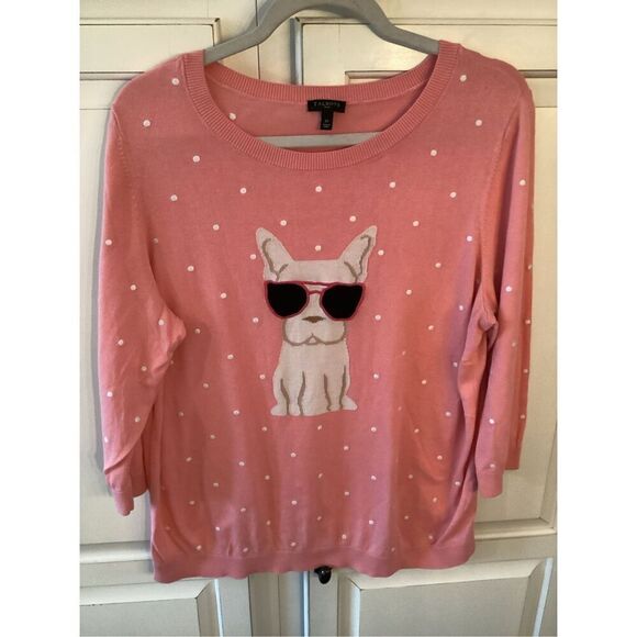 Talbots Plus Dog Frenchie Print Sweater Sz 1X Embroidered Polka Dots - Picture 2 of 8